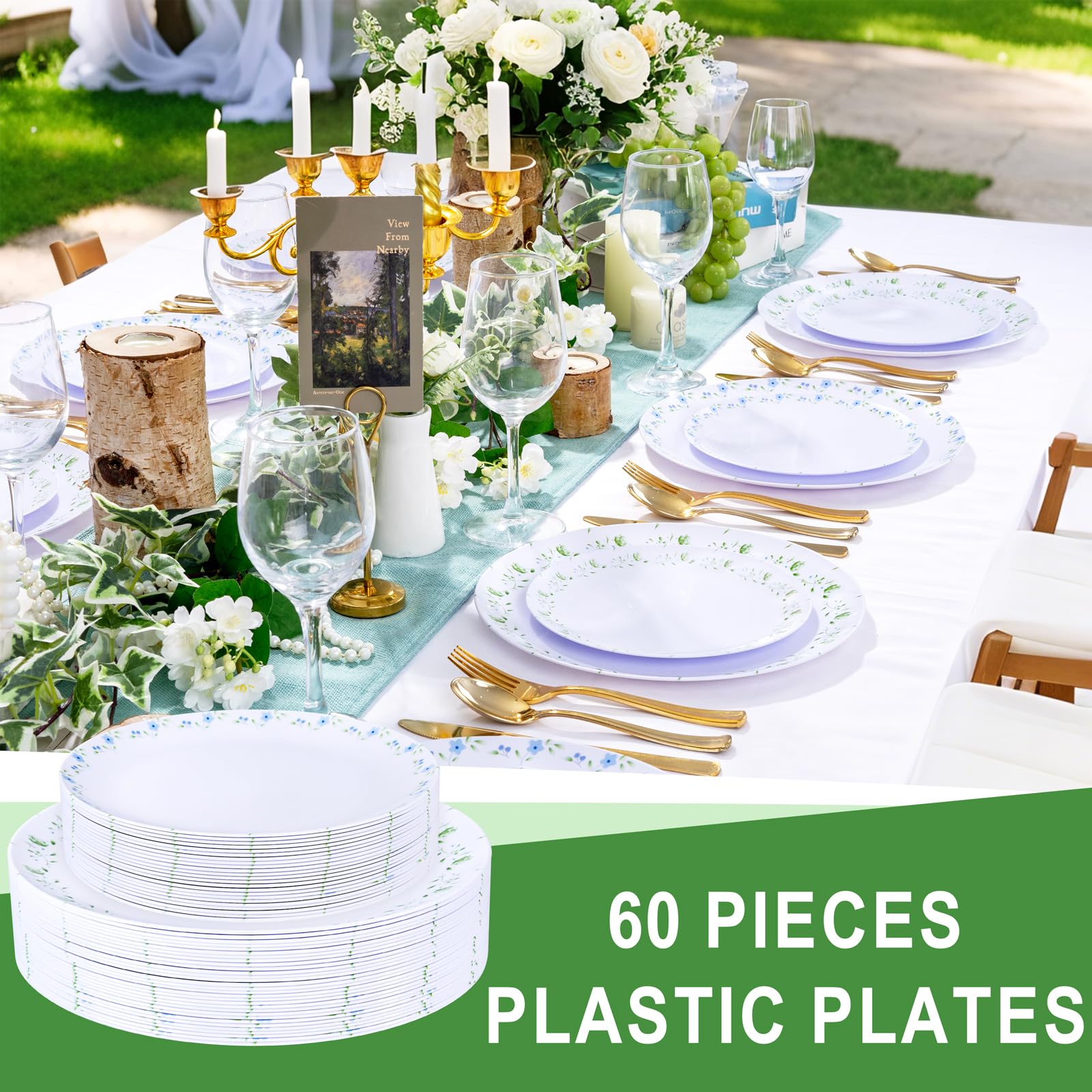 YOUBET 60PCS Floral Plastic Plates - Disposable Decorative Plates Set for 30 Guests - Blue and Green Floral Plate - Spring Plastic Dishes Dinnerware Sets for Tea Party & Wedding & Bridal Shower