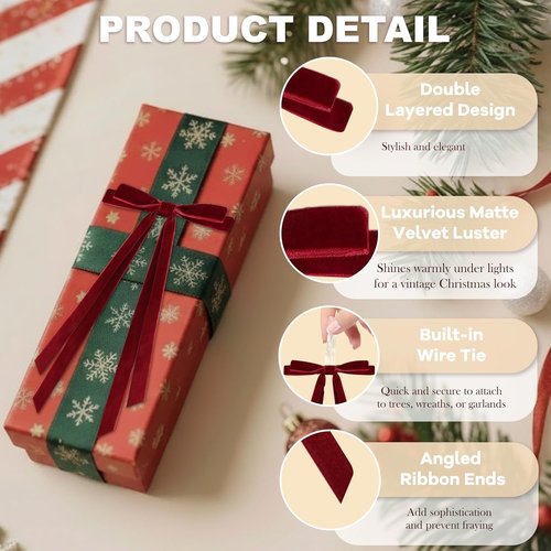 24 Pcs Burgundy Velvet Christmas Bows by [Brand Name] - Pre-Tied Vintage Ribbon for Trees, Wreaths & Gifts | 5 x 7 Inch