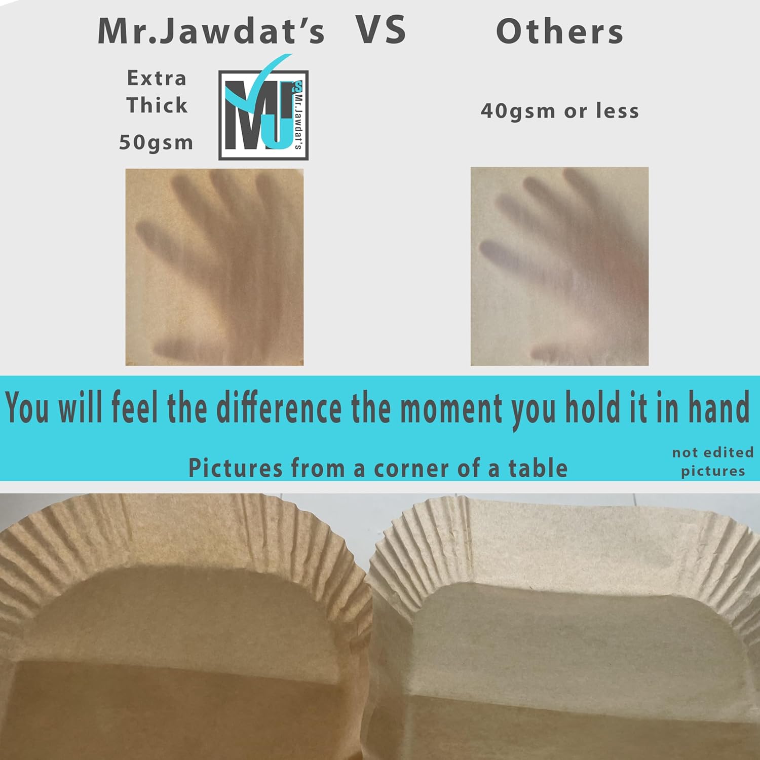 Mr. Jawdat's Extra Strong Air Fryer Disposable Paper Liners - 100 Non-Stick Square Liners (6.3 Inch)