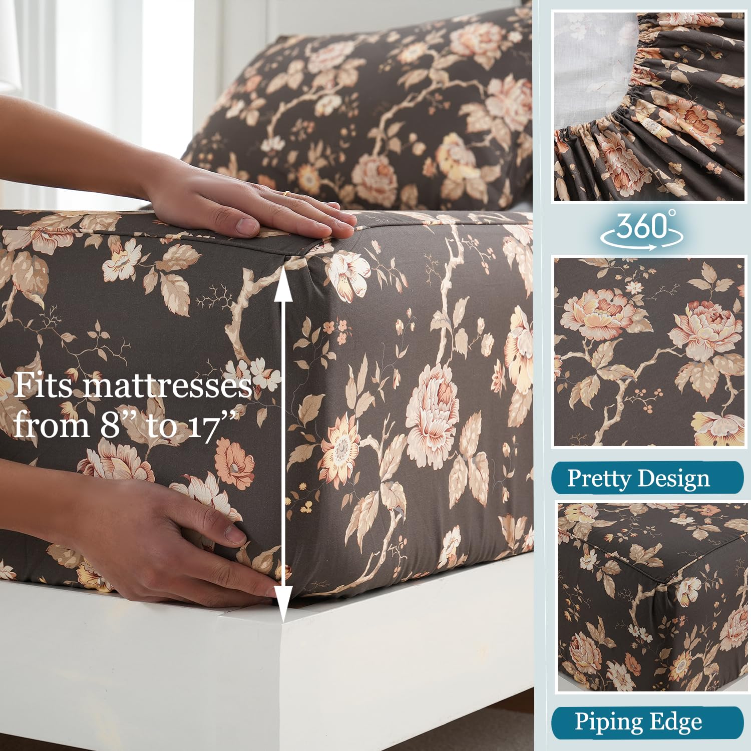 Zusbest Ash Brown Floral Bed Sheets Set - Queen Size Percale Cotton Shabby Rustic Peony Flower Print Bed Sheets - Soft Breathable Mocha Classic Vintage Bedding 4 Pcs Deep Pocket Flower Bed Sheets