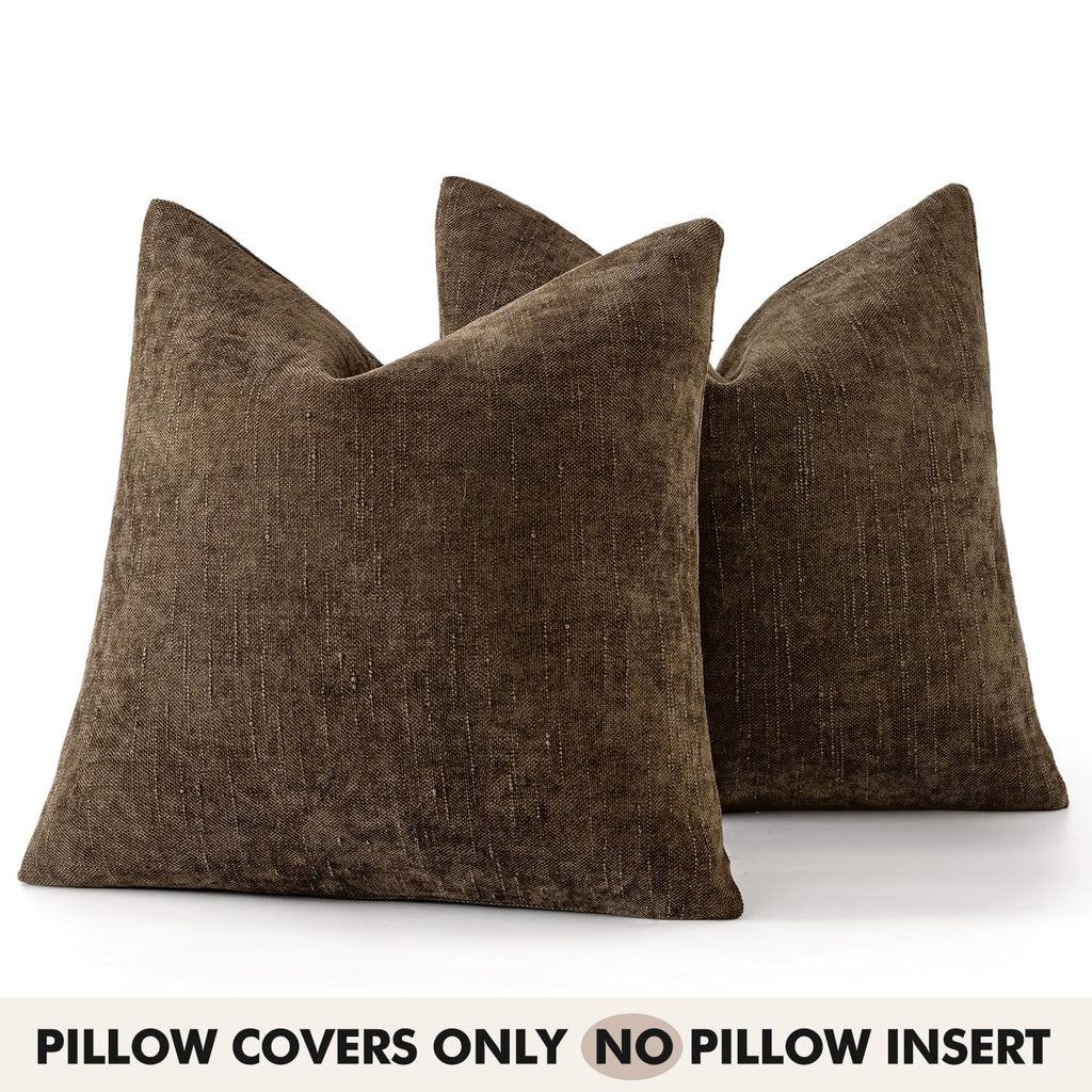 Woaboy Set of 2 Textured Throw Pillow Covers Decorative Soft Accent Square Chenille Pillowcases Neutral Farmhouse Modern Home Decor for Couch Sofa Bedroom Living Room 20x20 Inch,Brown Chocolate
