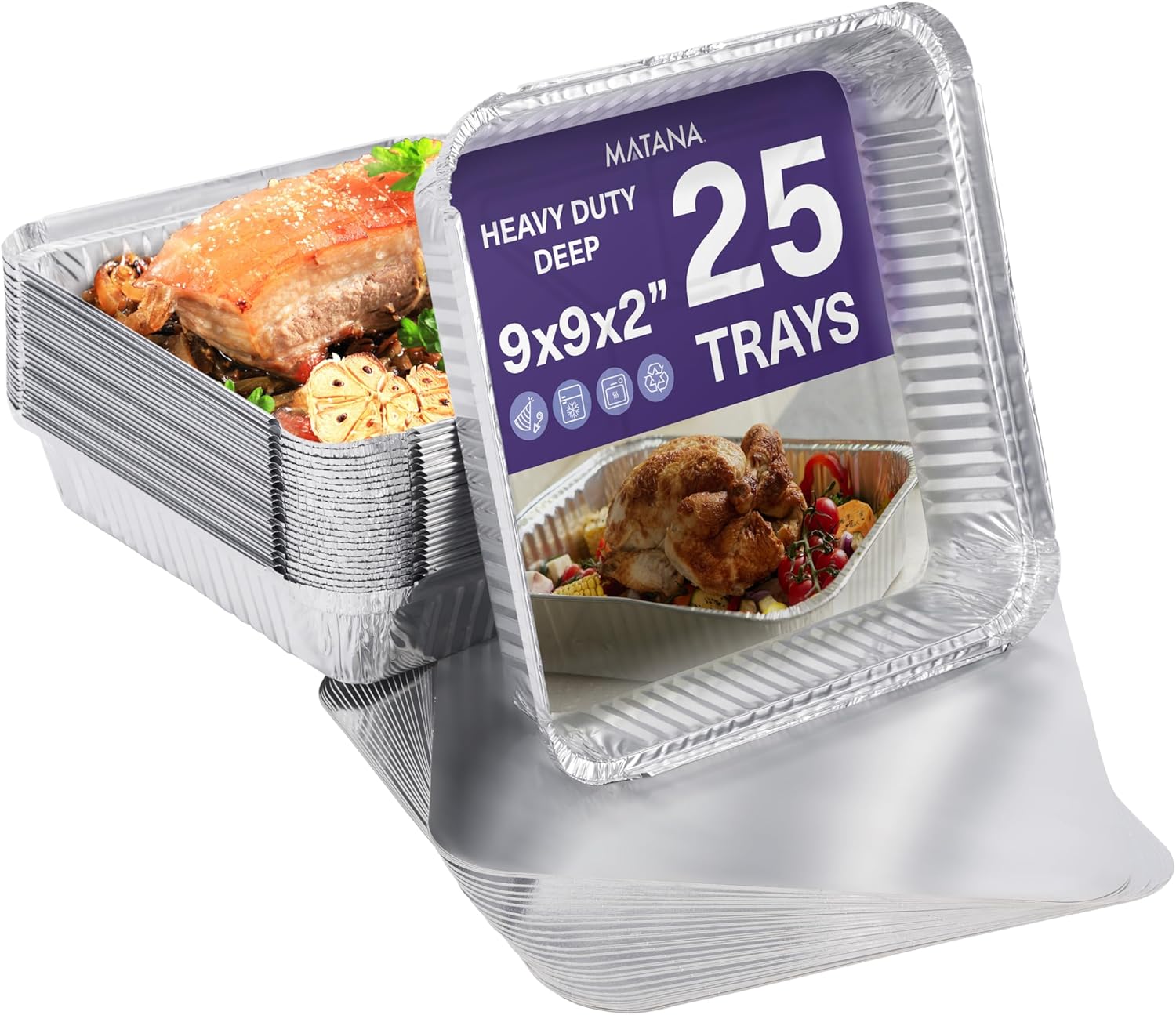 Matana 9-Inch Square Aluminum Pans with Lids - 25 Pack Disposable Foil Baking Trays & Food Containers