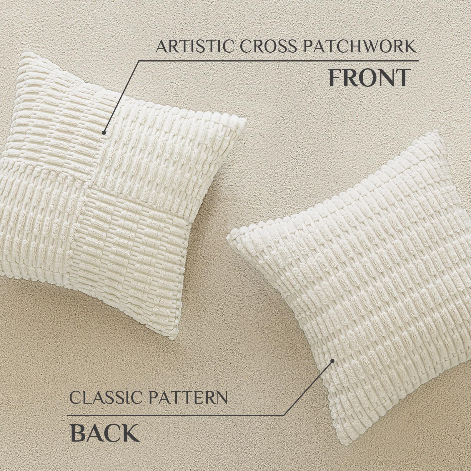 Softalker Spring 18x18 Throw Pillow Covers Cream, Set of 2 Soft Corduroy Boho Textured Modern Pillow Cases, White Decorative Cushion Covers for Couch Patio Living Room Sofa Easter Gift, Beige