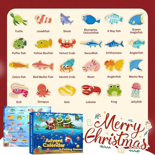 Fishing Advent Calendar 2026 - 24-Day Christmas Countdown for Kids | Wooden Marine Fish Learning Game