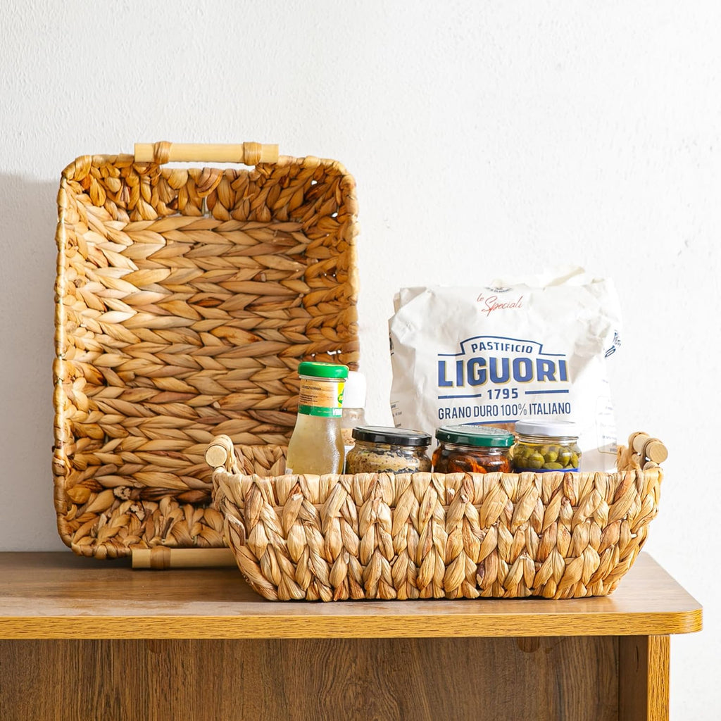 Mowtanco Woven Storage Baskets - Handwoven Water Hyacinth Baskets with Wooden Handles | Set of 2 Medium