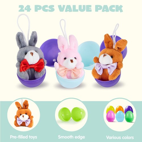 JOYIN 24 Pcs Pre-Filled Easter Egg with Plush Bunnies and Bears, Plush Animal Keychain for Kids Easter Egg Hunt, Goodie Bag Fillers, Basket Stuffers, and Party Favor