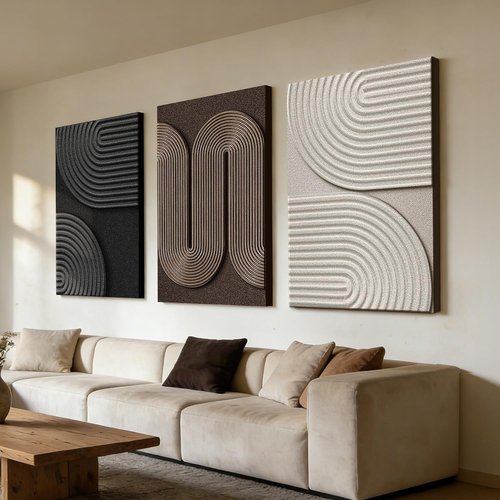 Azartslr 3D Abstract Textured Wall Art - Modern Black & Beige Sandstone Decor | 3-Piece Minimalist Set for Living Room & Bedroom