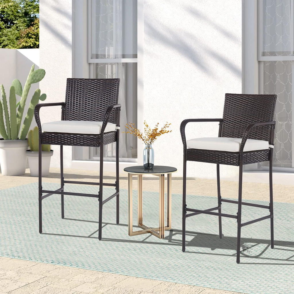 PayLessHere 30" Patio Bar Stools - Set of 2 All-Weather Wicker Chairs with Footrest & Khaki Cushions