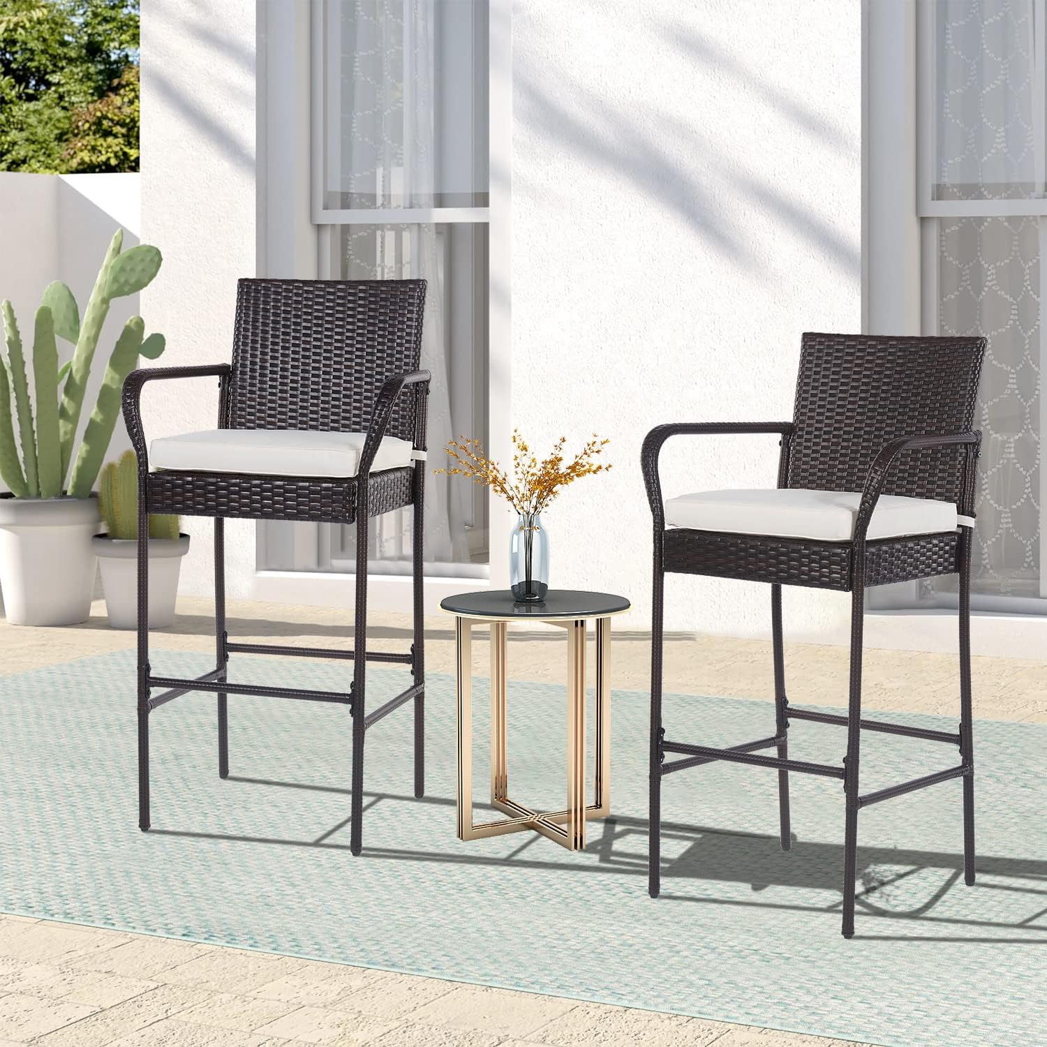 PayLessHere 30" Patio Bar Stools - Set of 2 All-Weather Wicker Chairs with Footrest & Khaki Cushions