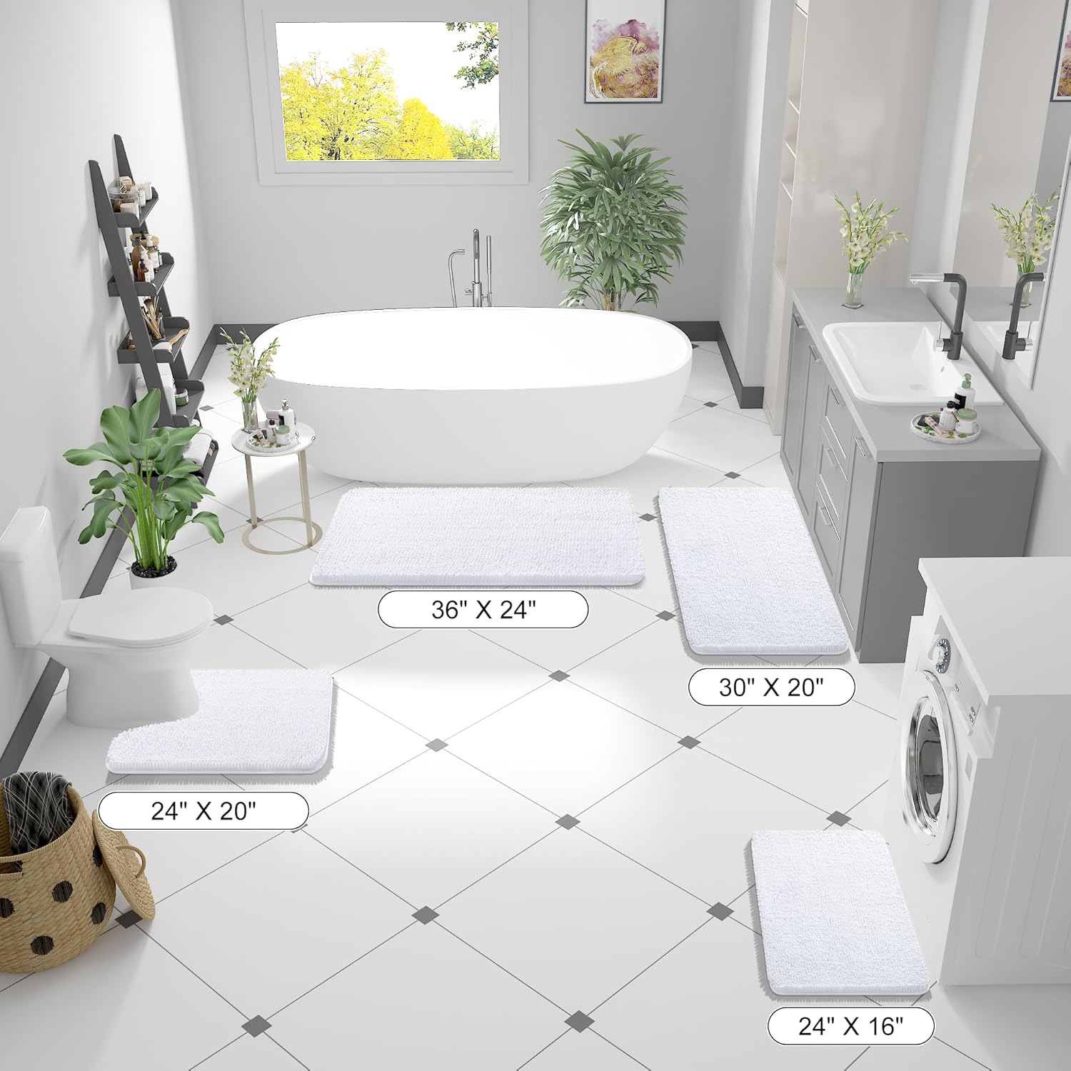 OLANLY Bathroom Rugs - Extra Soft Chenille Bath Mats with Rubber Backing | 59x35, Quick Dry, Machine Washable, White