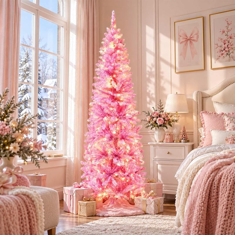 6ft Prelit Pink Artificial Slim Christmas Tree with 240 Warm LED Lights - Variation: Pink