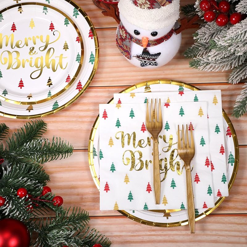 Christmas Paper Plates & Napkins Set, 96 Pcs Party Supplies with Forks