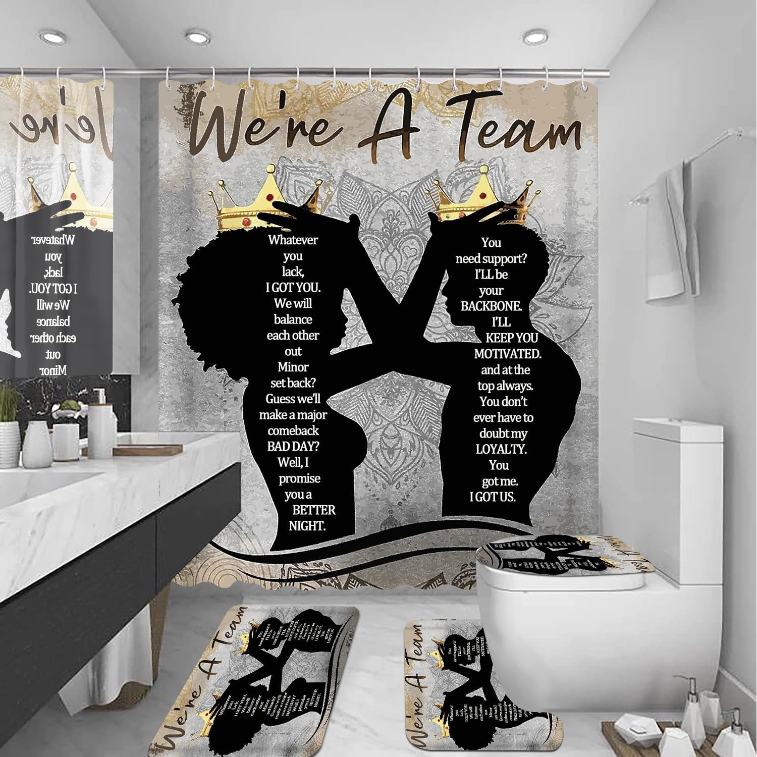 Skiennix Black King Queen Shower Curtain Set - Inspirational Bathroom Decor with Rugs & Bath Mat