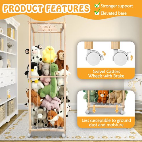 BETBEM Stuffed Animal Storage Zoo with Wheels, 64" Wooden Large Stuff Animals Plushies Holder Toy Organizer Kids Plush Storage Cage with Elastic Band and Net for Nursery Playroom Corner for Toddler