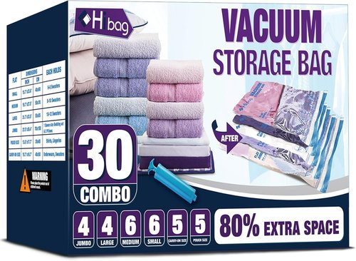 HIBAG Vacuum Storage Bags - 30-Pack Space Saver Seal Bags for Clothing, Comforters & Blankets