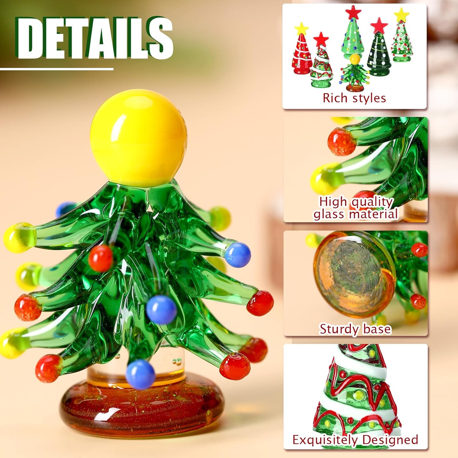 Skiennix Mini Christmas Tree Glass Ornaments Set - 6 Pcs Holiday Figurines for DIY Crafts | 2.36 Inch