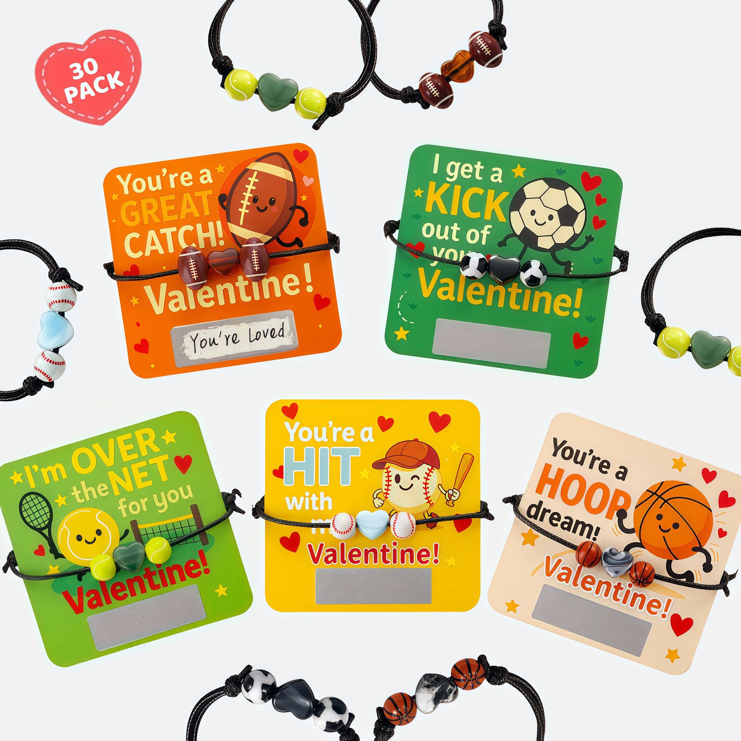 YXILEE Valentine’s Day Gifts for Teens – 30 Pack Sports Valentine Cards with Charm Bracelets & Scratch-Off Notes, Bulk Valentine Exchange Gifts (Football, Soccer, Basketball, Baseball, Tennis)