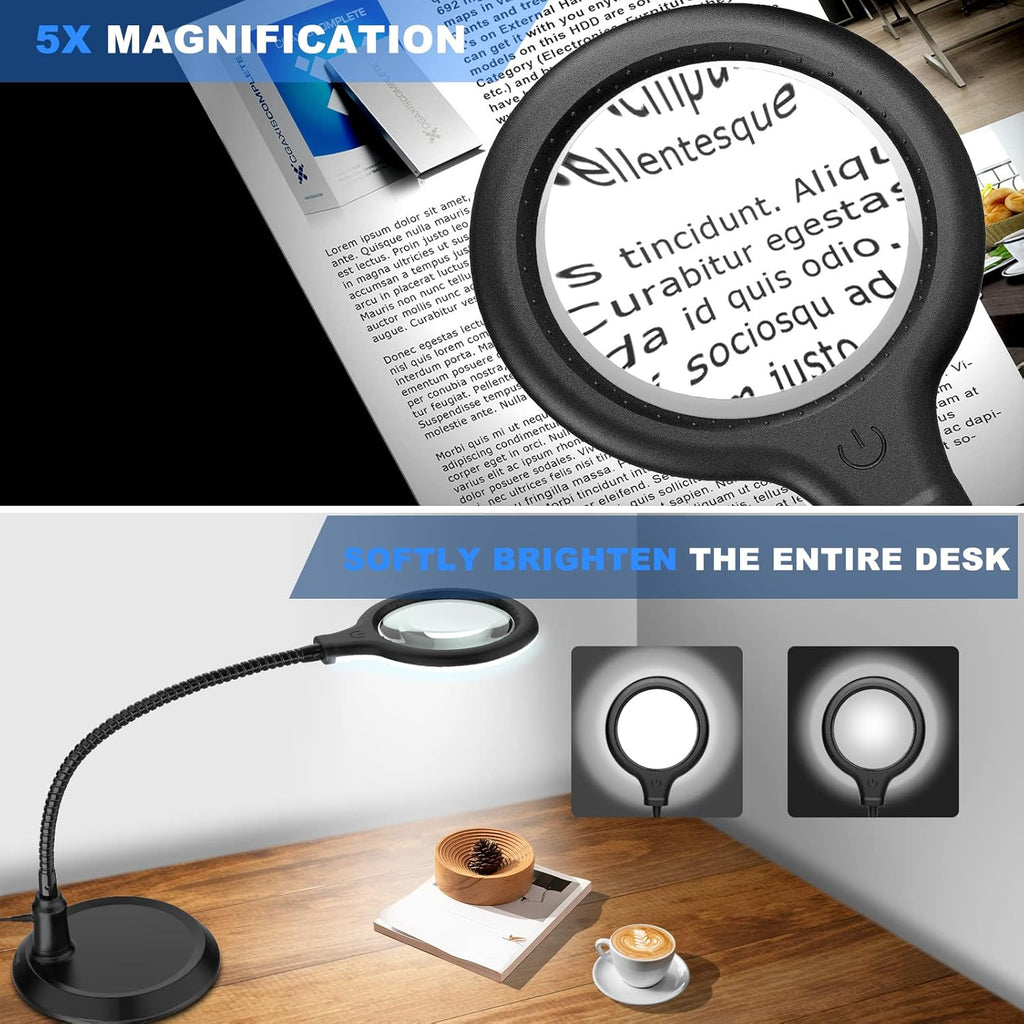 Skiennix 5X Magnifying Glass with Light - Dimmable Hands-Free Magnifier for Reading & Crafts