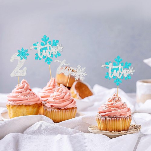 Ercadio Blue Snowflake Cupcake Toppers - 24 PCS Glitter Picks for Winter Onederland Theme Party
