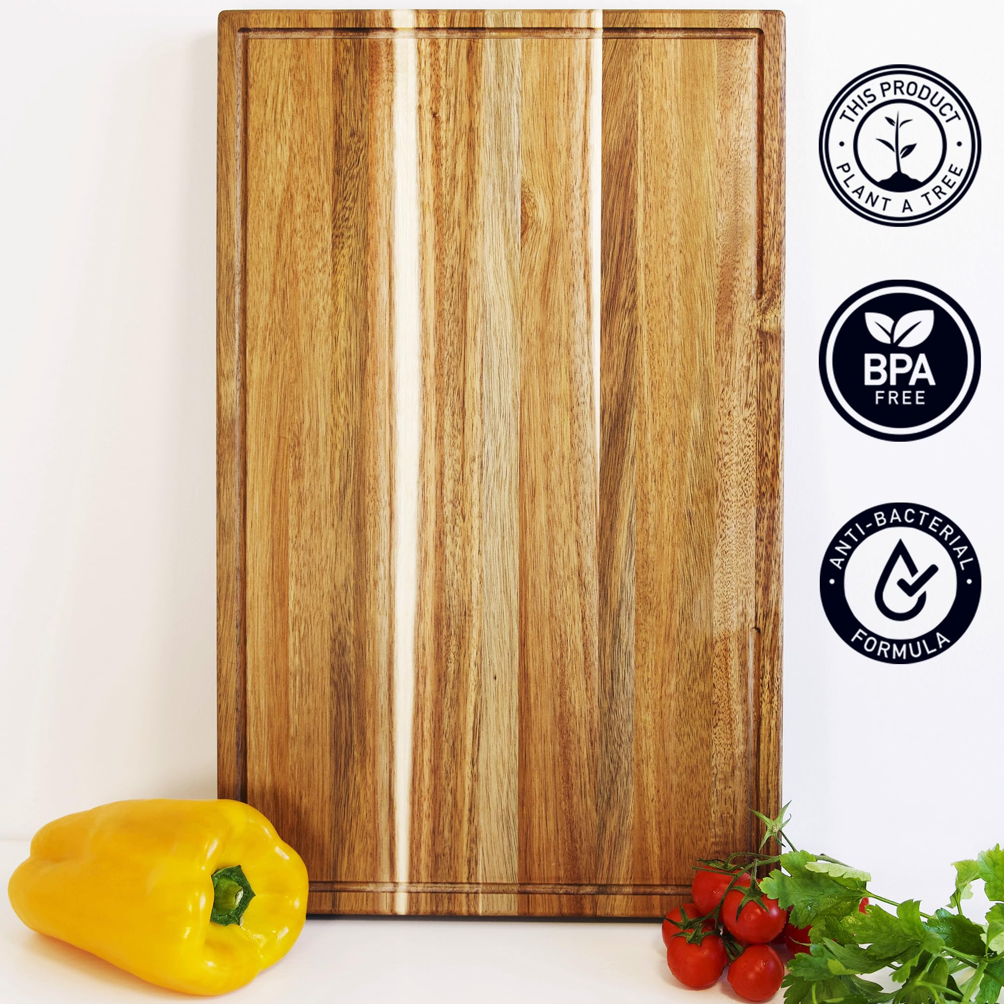 Acacia Wood Cutting Board for Kitchen 15.7 x 10.2 Inch (ExtraThick 1.6") Non Toxic Wooden Chopping Board for Meat, Cheese, Charcuterie Boards with Handle, Hardwood Butcher Block (Oil & Plate Included)