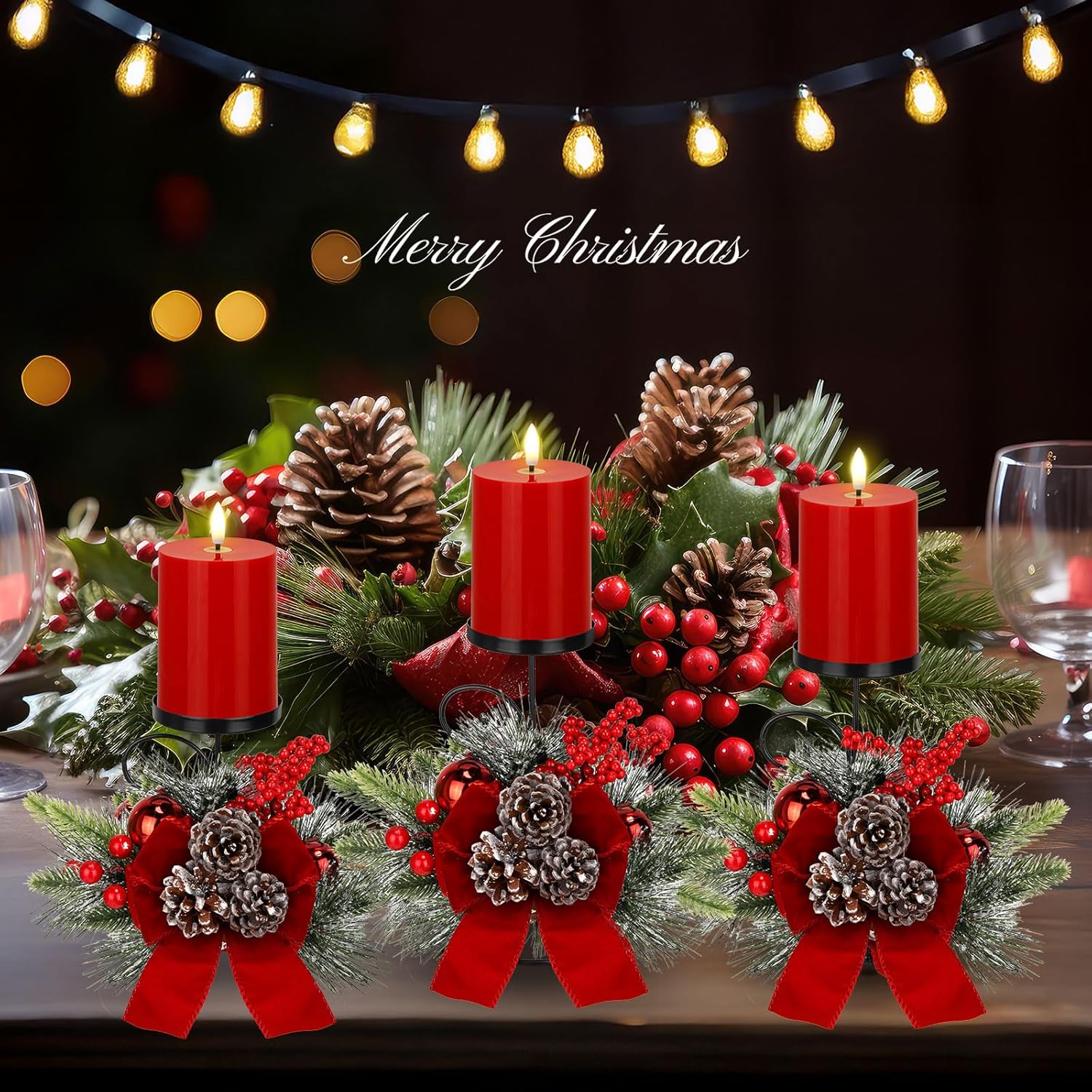 Yunlly Christmas Candle Holder Set - 3 LED Battery-Operated Pine Cone Centerpieces for Home Decor
