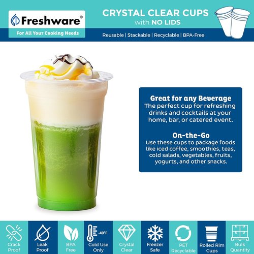 Freshware Clear Plastic Cups - 20 oz Disposable Cups for Iced Coffee & Smoothies | 100 Pack