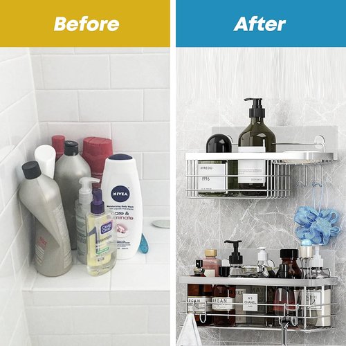 KESOL Shower Caddy - Rustproof SUS304 Stainless Steel Organizer with Hooks | Wall-Mounted, 2-Pack, Silver