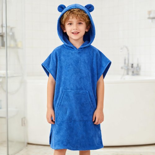 MissShorthair Towel Poncho for Kids, Hooded Beach Towel for Girl&Boy, Surf Poncho Swim Changing Robe Microfiber Bath Towel 7-10 Years Bear Blue
