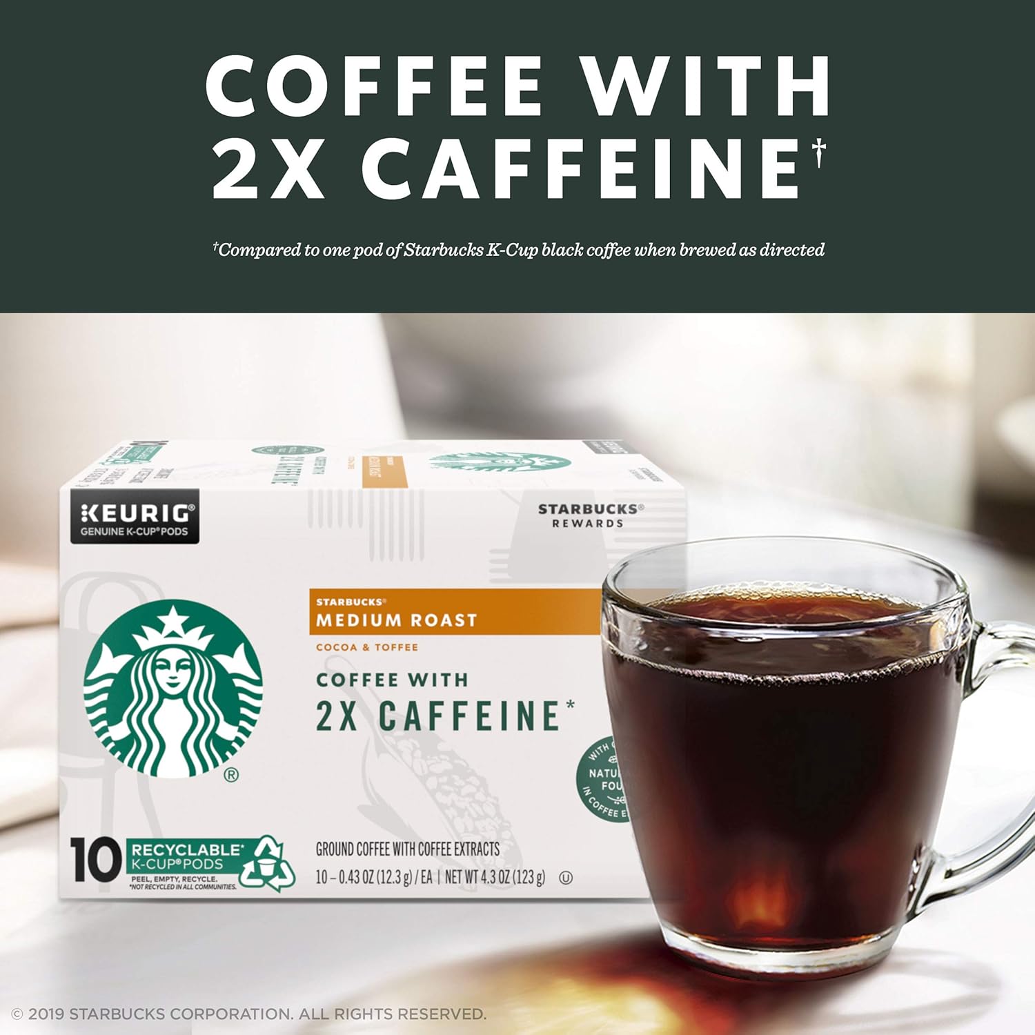 Starbucks Medium Roast K-Cup Coffee Pods - 2X Caffeine for Keurig Brewers | 48 Pods Total