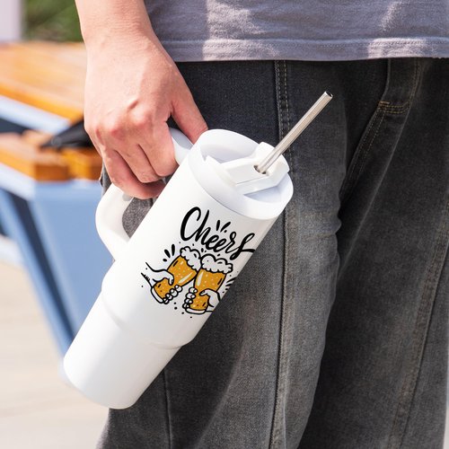 AGH 4 Pack 30 oz White Sublimation Tumbler with Handle, Stainless Steel Straw, Insulated Double Wall Vacuum Reusable Cups with Leakproof Lid