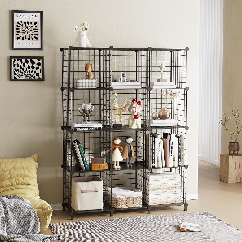 ATTJL12B 12-Cube Storage Organizer - Modular Metal Wire Shelving Unit | 11.8" L x 11.8" W x 11.8" H, Black