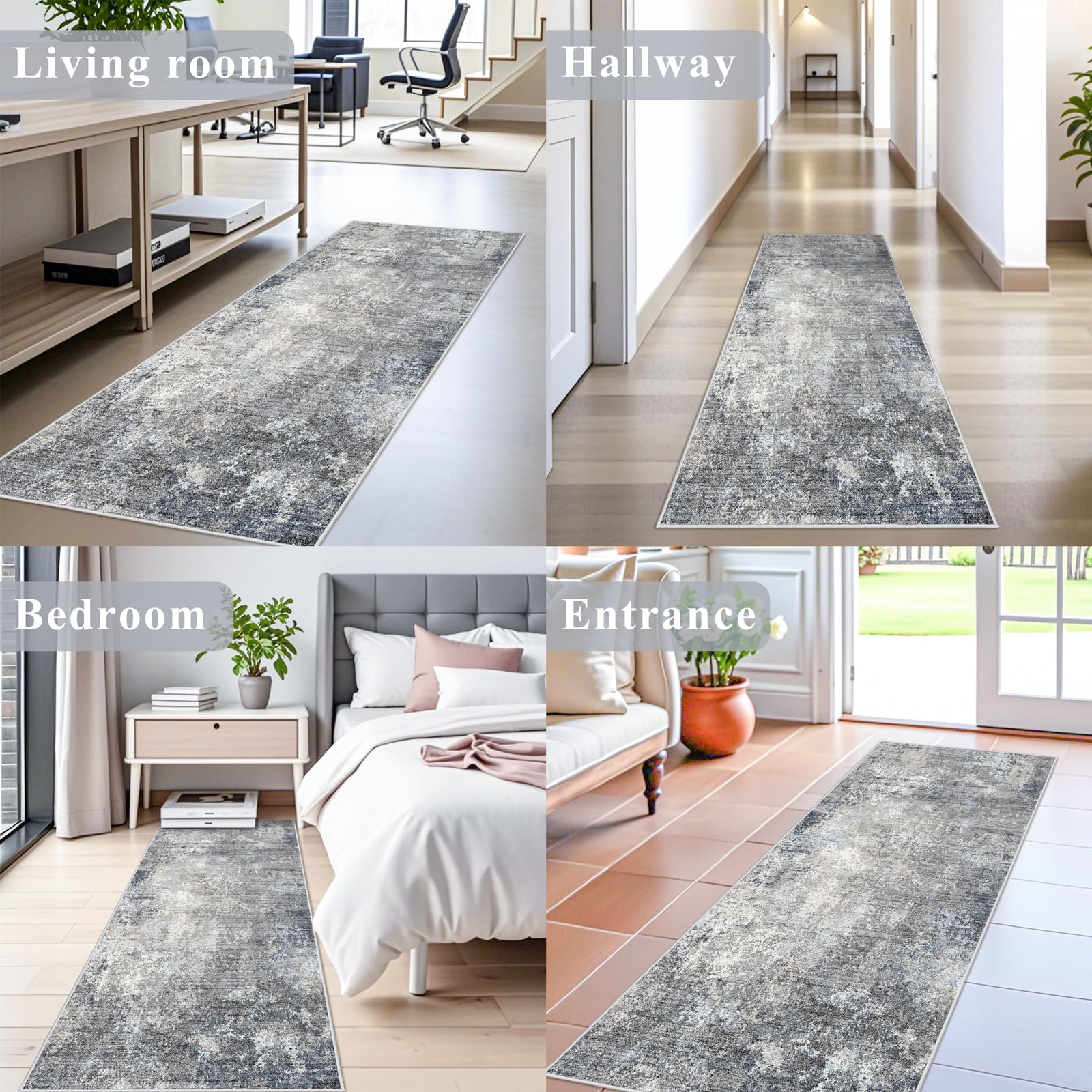 2x8 Washable Non-Slip Hallway Runner Rug – Modern Coastal Abstract Neutral Stain-Resistant Low-Pile Carpet Runner for Kitchen Entryway Bedroom Bathroom (Blue Gray,2x8)