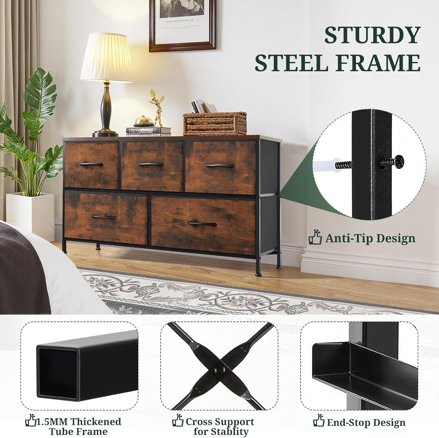 Regine Switzerland 5-Drawer Dresser - Anti-Tip Fabric Storage Organizer with Wooden Top | Brown Finish