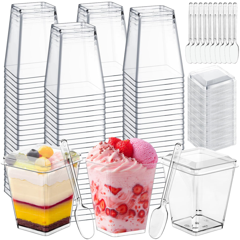 LifeIdeas 150 Pcs Mini Dessert Cups with Spoons and Lids, 5 Oz Square Vasitos Para Postres, Shooters Cups for Party, Clear Yogurt Parfait Cups for Pudding, Fruit, Mousse, Snacks & Appetizers