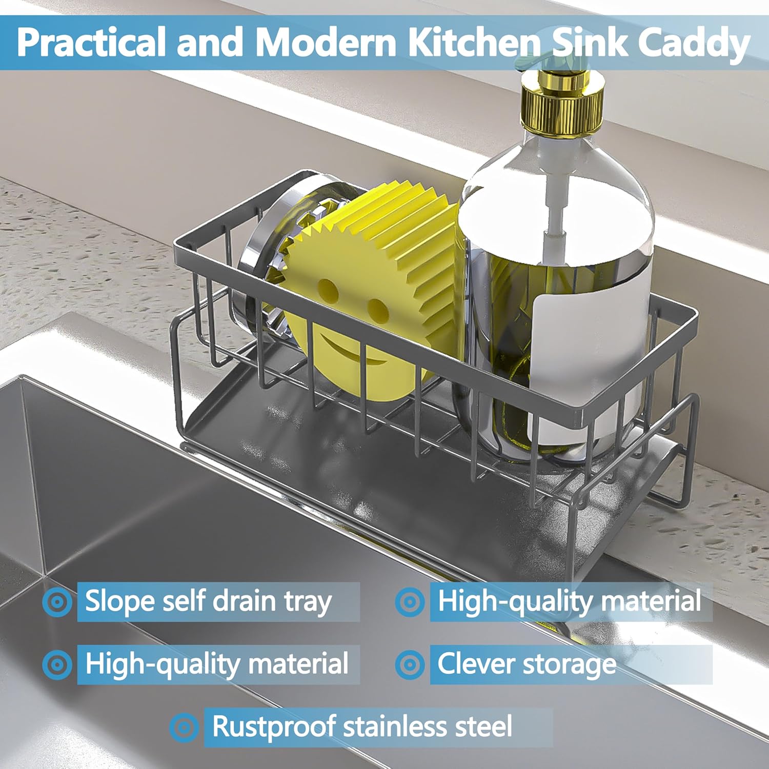 Skiennix Sponge Holder - Rustproof Stainless Steel Sink Caddy Organizer | Self-Draining Grey Design