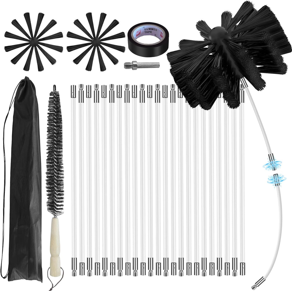 Skiennix 30-Foot Chimney Sweep Kit - 8-Inch Brush Head & Dryer Vent Cleaner with 23 Flexible Rods