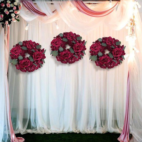 Artificial Flower Candle Rings - 6-Inch Burgundy Rose Wreaths with Butterflies for Wedding & Christmas Decor