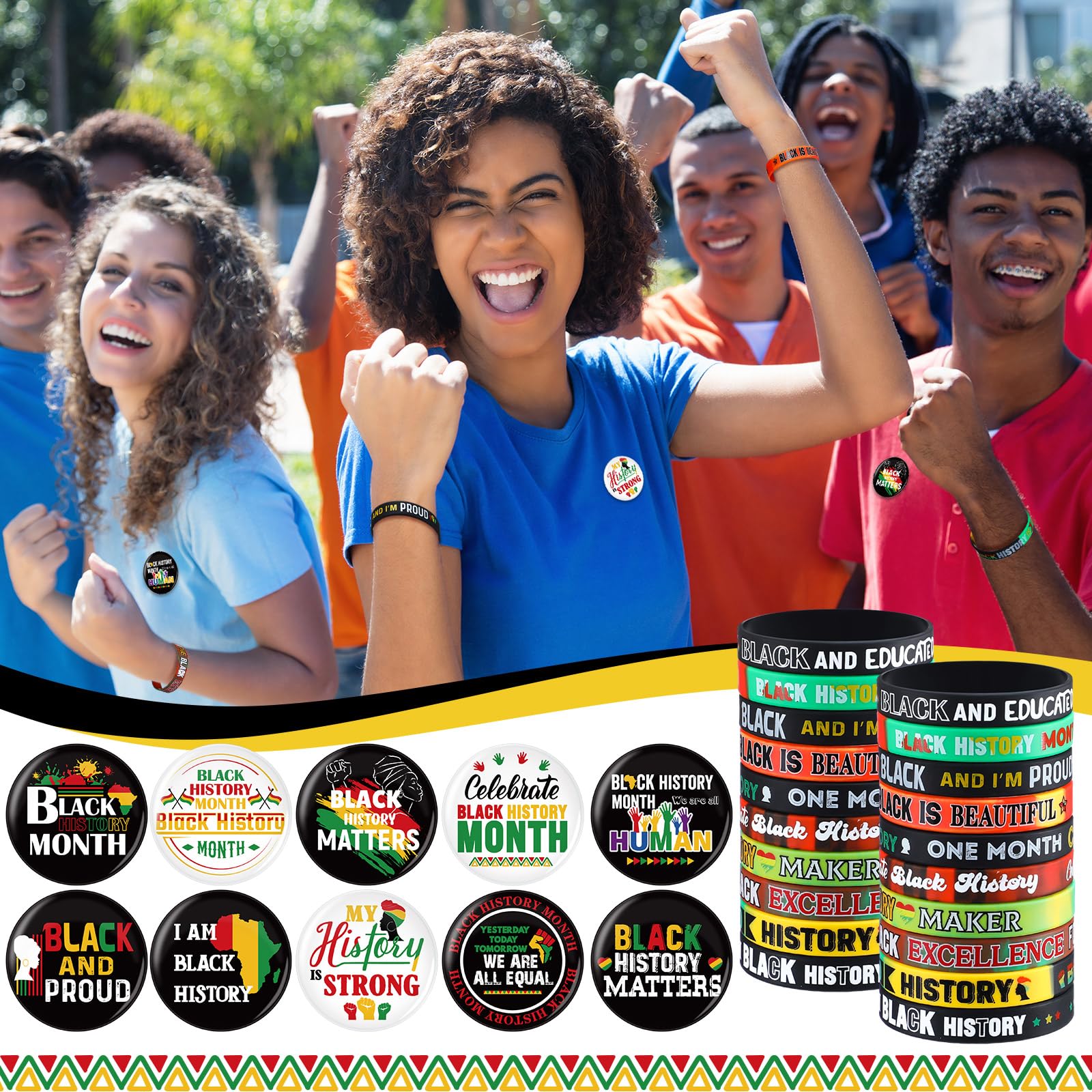 Remuuly 200 Pcs Black History Month Accessories Set Include 100 Silicone Bracelet 100 Inspirational Pin for African Afro American Festival Black American Celebration Accessories