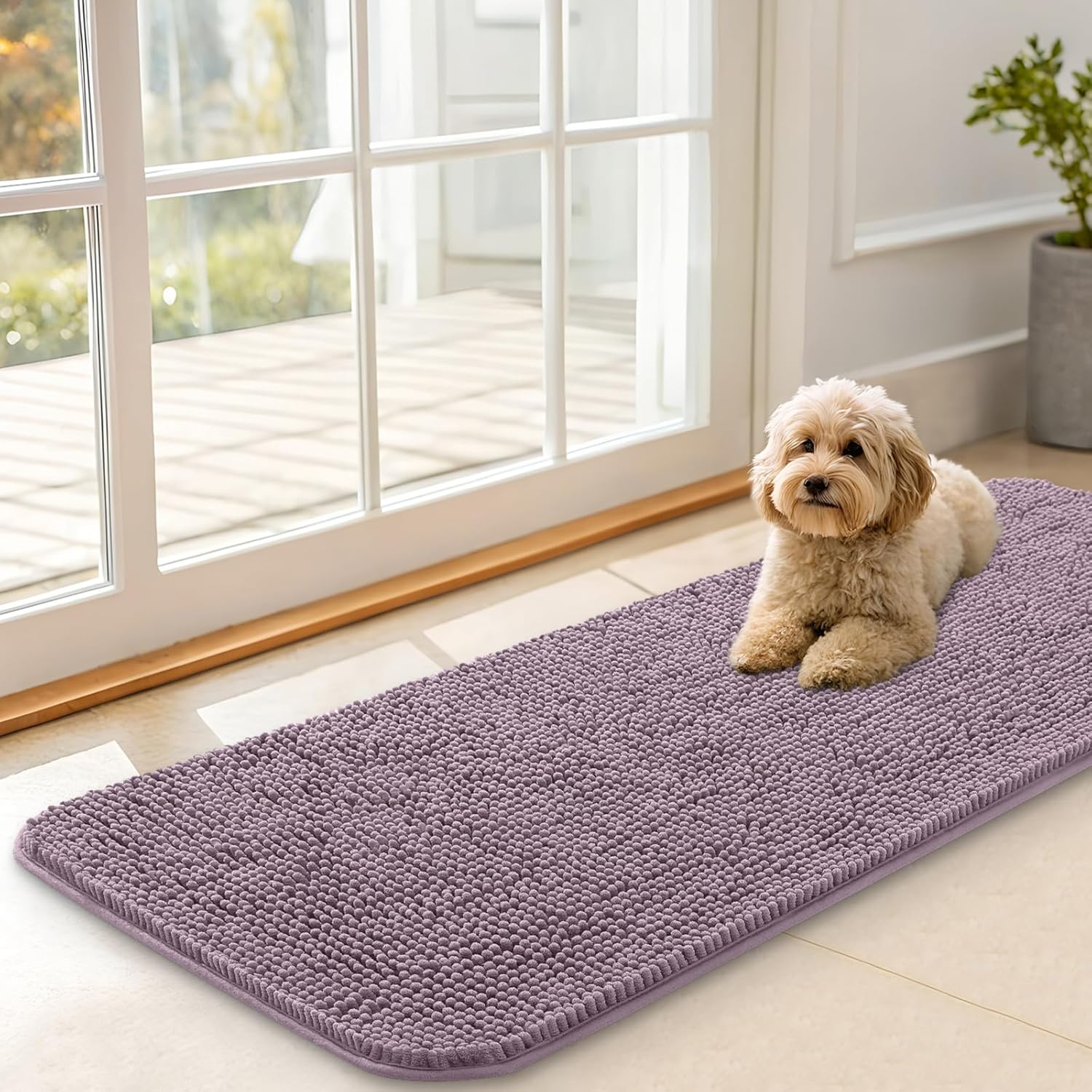 OLANLY Dog Door Mat - Absorbent Non-Slip Chenille for Muddy Paws | 47x17, Deep Plum, Quick Dry
