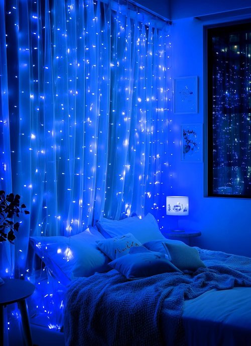 Brightown 300 LED Blue Fairy Curtain Lights - 9.8ft x 9.8ft String Lights with Remote & 8 Modes for Indoor/Outdoor Decor