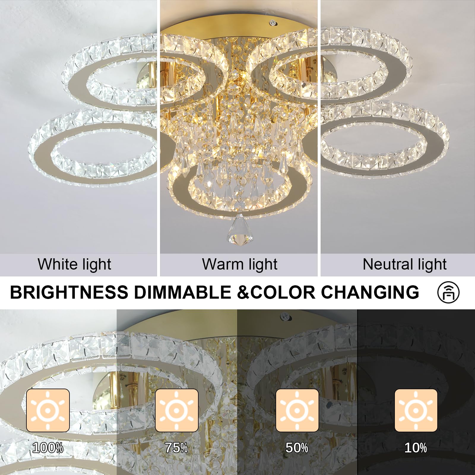 VETRULUS Modern Crystal LED Chandelier, 5-Ring Gold Flush Mount Ceiling Light Fixture for Bedroom, Dining Room, Living Room, Hallway – Dimmable