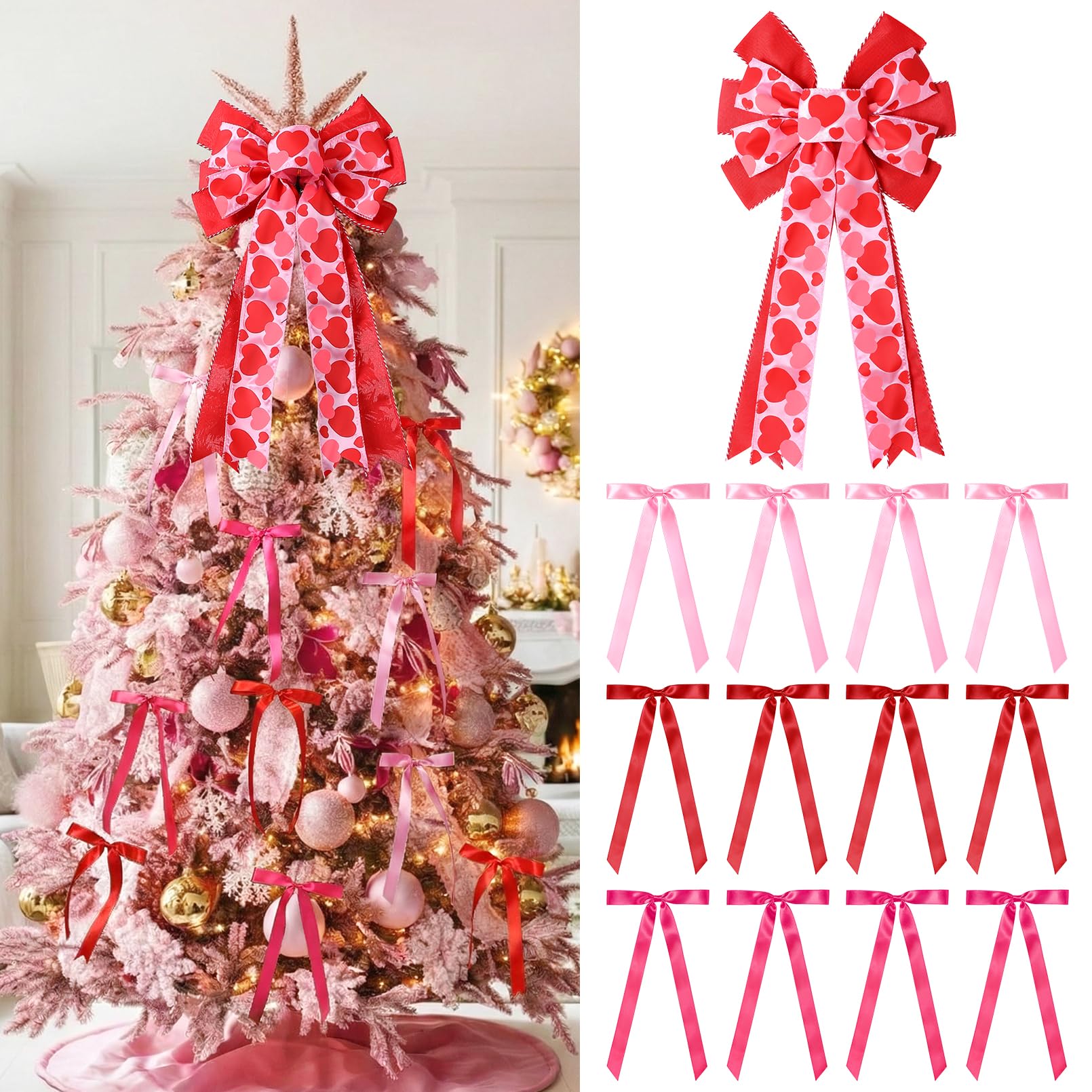 CEELGON Valentines Day Decorations Large Pink and Red Valentine Tree Topper Bow & 12 Pcs Long Satin Ribbon Bows Ornaments Wreath for Holiday Home Wall Decor