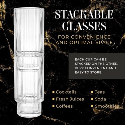 Kitchen Lux Ribbed Drinking Glasses - Ribbed Glass Cups 12 oz - Ribbed Glassware Set of 12 - Textured Vintage Retro Ripple Aesthetic Glass Ware for Whiskey Cocktail Beer Water, Coffee Bar Accessories