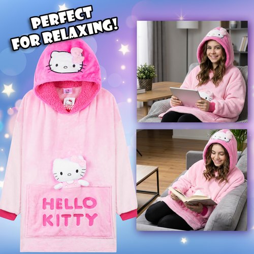 Hello Kitty Sanrio Blanket Hoodie Girls Teens, Kawaii Oversized Fleece Wearable Blanket with Plush Loungewear Gifts for Girls (Pink Hello Kitty)