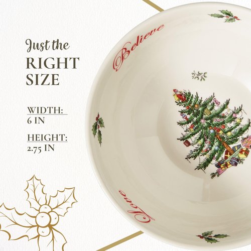 Spode Christmas Tree Revere Bowl - Checkered Exterior & Holly Accents, Festive Candy Dish or Snack Bowl with Sentiments Inside, 6" Porcelain - Dishwasher & Microwave Safe, Great for Gifting & Parties
