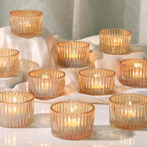 HAVITI 24 Pcs Gold Glass Tea Light Holders - Elegant Votive Candle Holders for Wedding Centerpieces