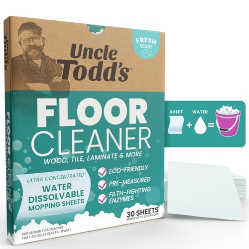 Uncle Todd's Ultra Concentrated Floor Cleaner For Mopping: 30 Natural, 100% Dissolvable Sheets for Mopping – Hardwood & Wood Floor Cleaner with Filth-Fighting Enzymes, Plastic-Free Packaging