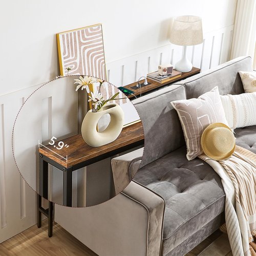 MAHANCRIS Skinny Console Table with Power Outlets, 55.1" Narrow Sofa Table, Behind Couch Table with Charging Station, Sofa Hallway Table for Plants, Living Room CTHR145E01