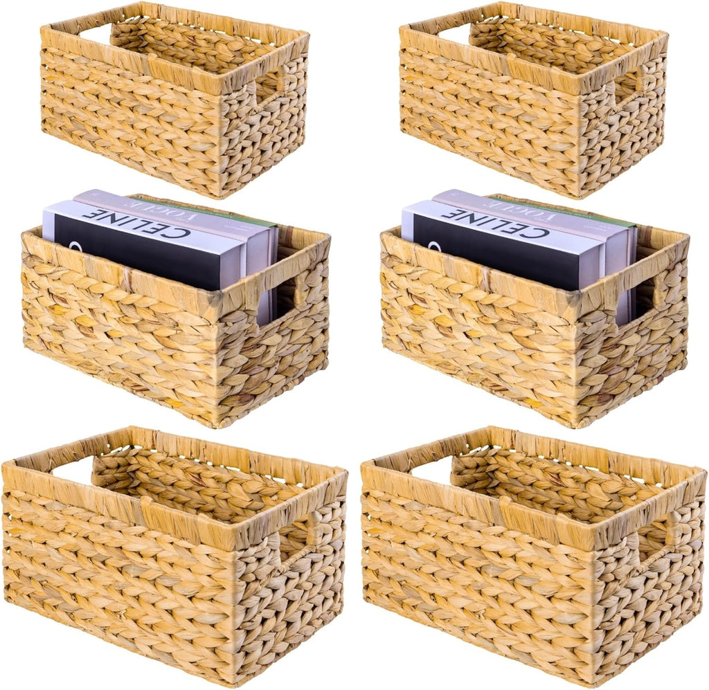 M4DECOR Water Hyacinth Storage Baskets Set of 6 - Handwoven Wicker Organizing Baskets for Shelves & Pantry