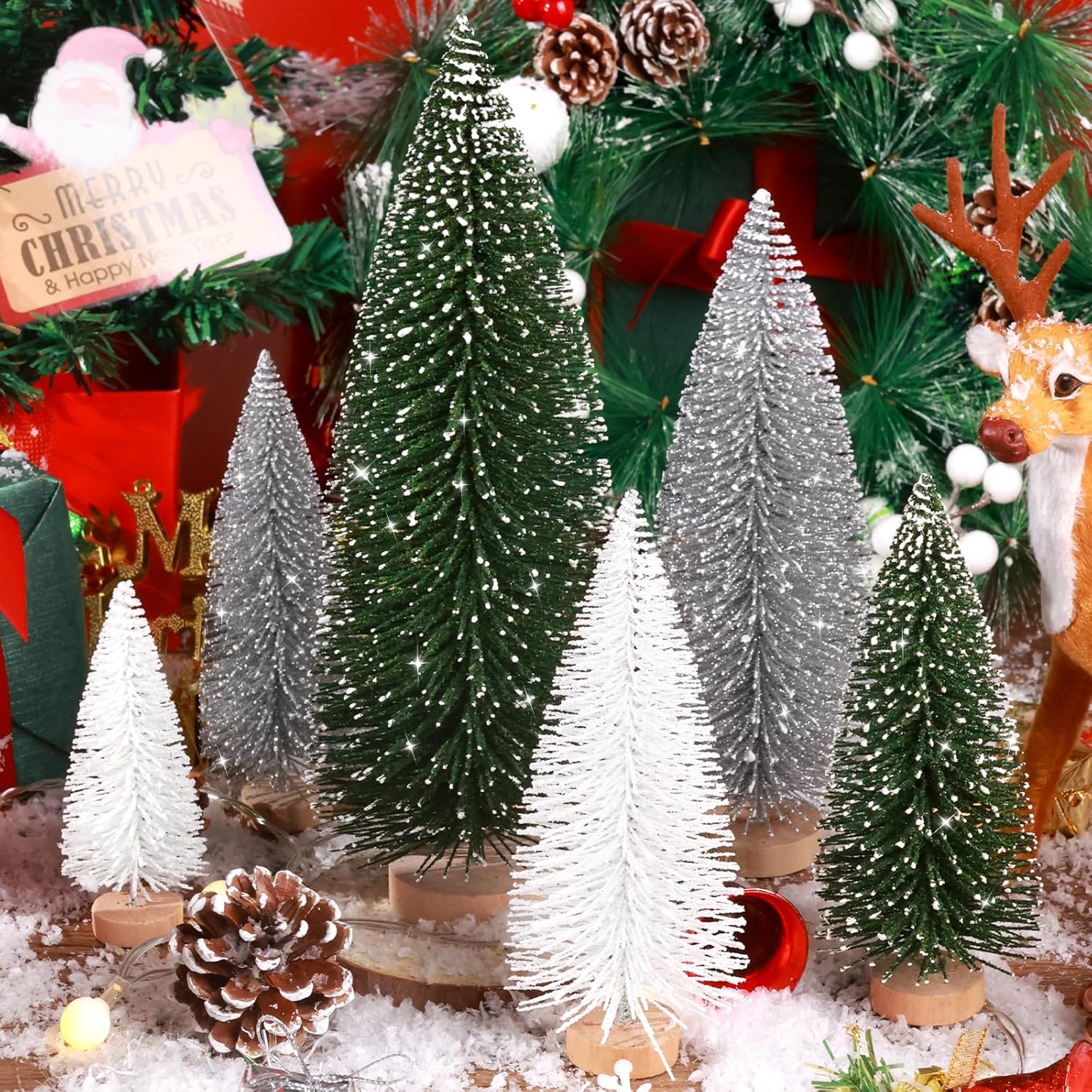 Skiennix Mini Christmas Trees - 6pcs Bottle Brush Decorations for Indoor/Outdoor Holiday Decor | Green, Silver, White